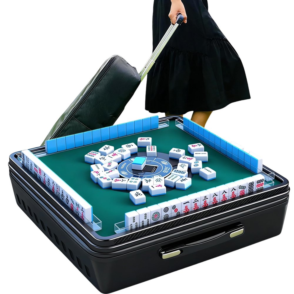 Automatic Mahjong Table, Portable Mahjong Table with 152 Magnetic Tiles incl. Joker Tiles, for Outdoor & Home Fun, Compatible with both Chinese and American Mahjong, Suitable for Mahjong Enthusiasts