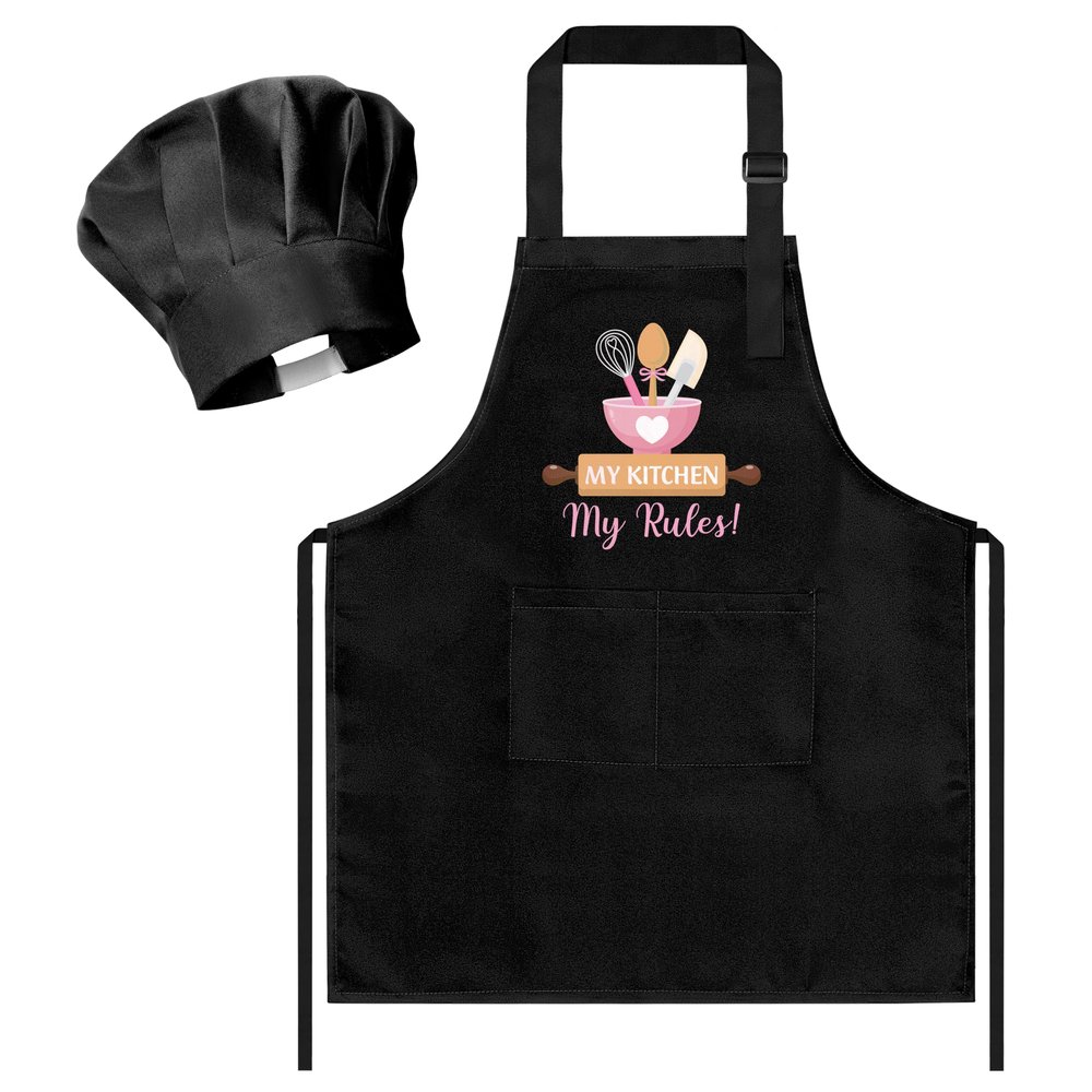R HORSE Kid Apron and Chef Hat Set 2Pcs Adjustable Black My Kitchen Children Kitchen Apron, Dress up Role Play Chef Toy Funny Cooking Baking Painting and Training Kits for Kids Birthday Holiday Gift