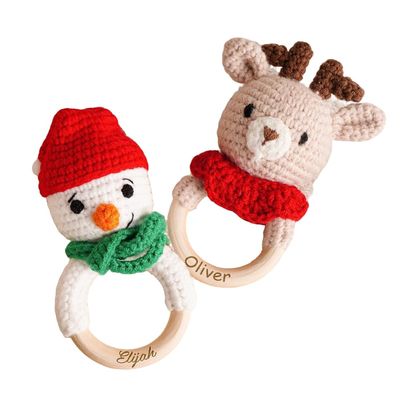 Personalized Christmas Wooden Baby Rattle,Custom Christmas Handcrafted Crochet Toy Rattles with Name,Christmas Gifts for Newborn,Baby Shower Gifts