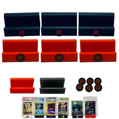 Aunt Lo's Supply Co Custom Card Display Stand for PSA BGS CGC, Toploaders, Sleeves, Slabs, & More | Interchangeable Rocket Themed Pins (Red, 12 Display Stands & Pins)