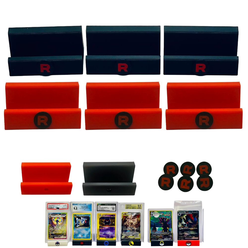 Aunt Lo's Supply Co Custom Card Display Stand for PSA BGS CGC, Toploaders, Sleeves, Slabs, & More | Interchangeable Rocket Themed Pins (Red, 12 Display Stands & Pins)