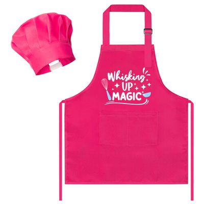 R HORSE Kid Apron and Chef Hat Set 2Pcs Adjustable Rose Pink Children Kitchen Apron, Waterproof Dress up Role Play Chef Toy Funny Cooking Baking Painting and Training Kits for Kids Birthday Party Gift