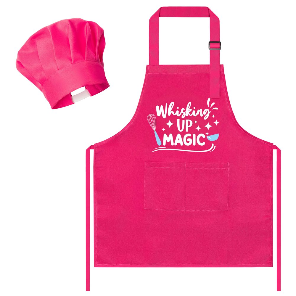 R HORSE Kid Apron and Chef Hat Set 2Pcs Adjustable Rose Pink Children Kitchen Apron, Waterproof Dress up Role Play Chef Toy Funny Cooking Baking Painting and Training Kits for Kids Birthday Party Gift