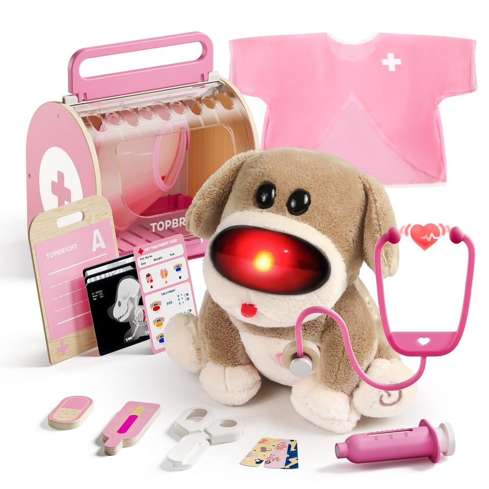 TOP BRIGHT Doctor Kit for Toddlers 3-5, Pretend Play Doctor Set with Pink Veterinarian Costume, DR Kit Dress Up Toys for Kids, Role Play Dog Vet Playset, Christmas Birthday Gifts for Girls Boys 3 4 5