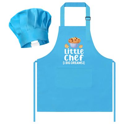 R HORSE Kid Apron and Chef Hat Set - 2Pcs Blue Little Chef Adjustable Children Kitchen Toddler Apron with Pockets for Kids, Funny Dress up Pretend Play Toy Birthday Gift for Cooking Baking Painting