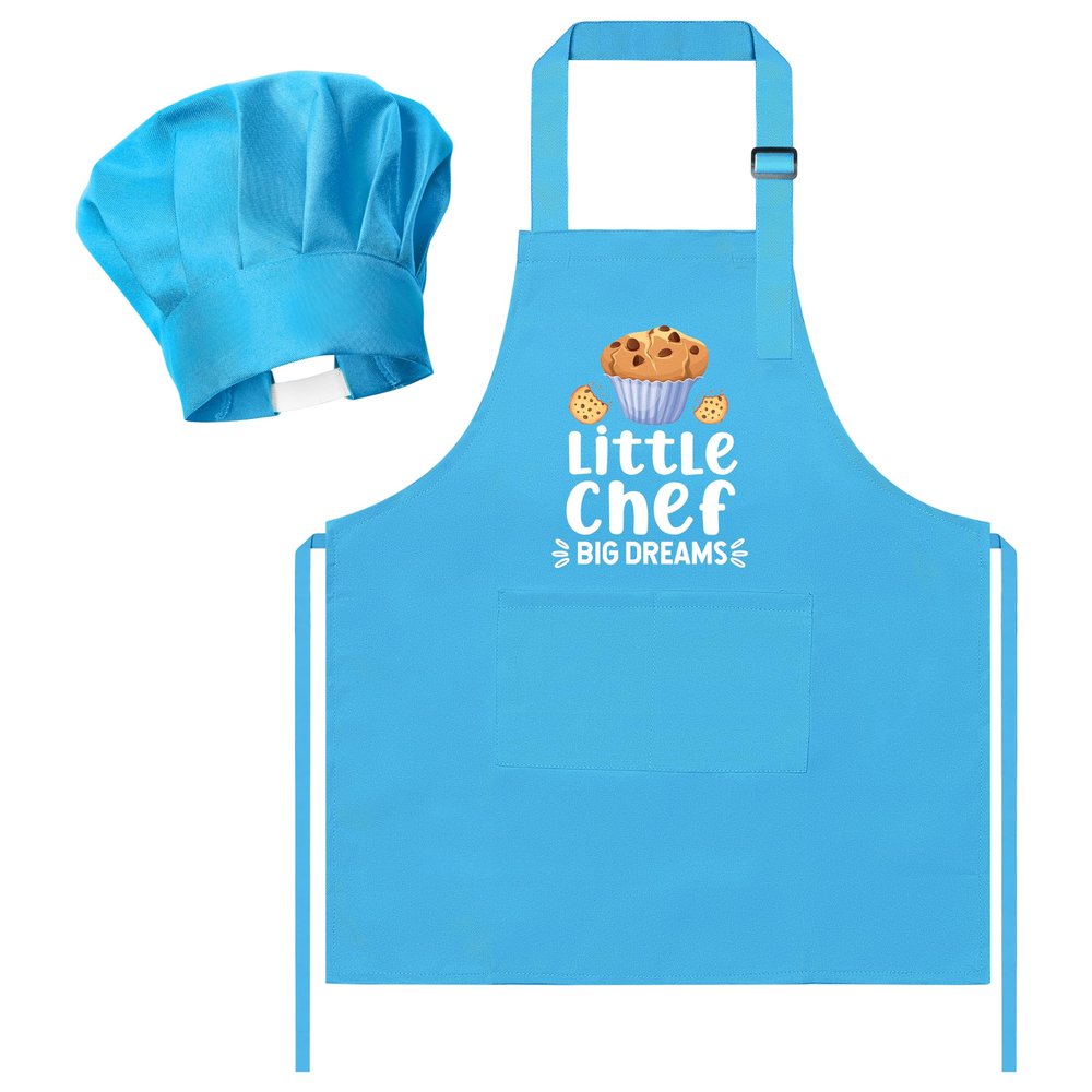 R HORSE Kid Apron and Chef Hat Set - 2Pcs Blue Little Chef Adjustable Children Kitchen Toddler Apron with Pockets for Kids, Funny Dress up Pretend Play Toy Birthday Gift for Cooking Baking Painting