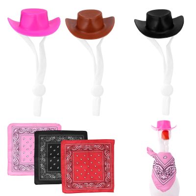 3 Sets Cowboy Desk Goose Outfits, Plastic and Polyester Western Cowboy Mini Desk Goose Costume Including Hats and Bibs for 7 Inches Table Geese Decor