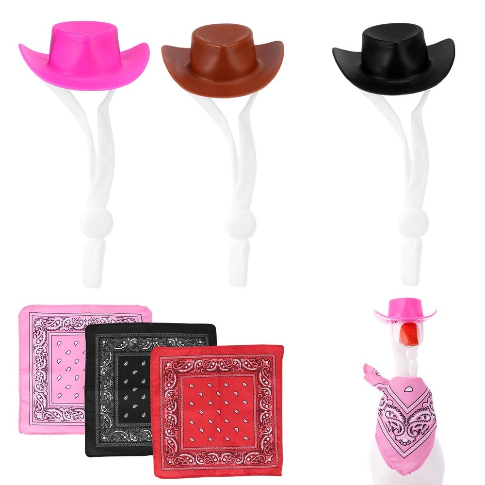3 Sets Cowboy Desk Goose Outfits, Plastic and Polyester Western Cowboy Mini Desk Goose Costume Including Hats and Bibs for 7 Inches Table Geese Decor
