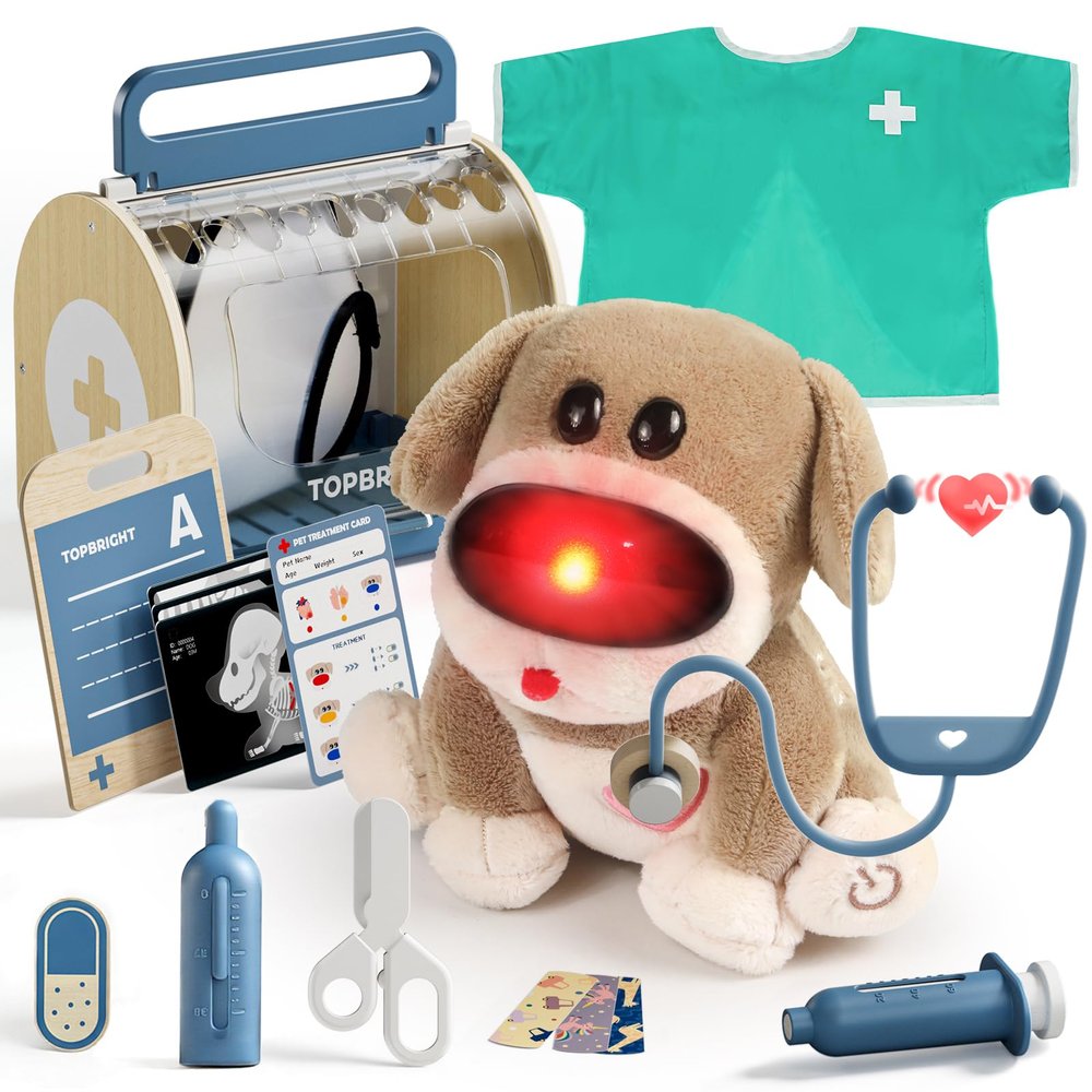 TOP BRIGHT Doctor Kit for Toddlers 3-5, Pretend Play Doctor Set with Costume & Wooden Medical Kit, Dress Up Toys for Kids, Role Play Dog Vet Playset, Christmas Birthday Gifts for Girls Boys 3 4 5