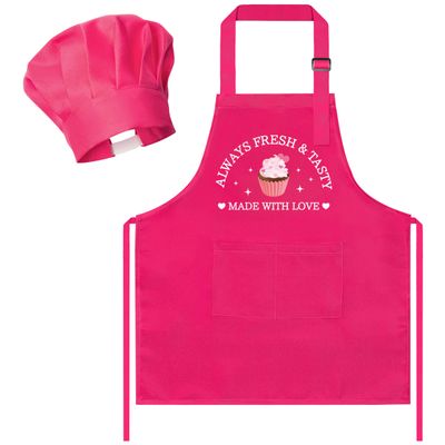 R HORSE Kid Apron and Chef Hat Set 2Pcs Adjustable Pink Children Kitchen Apron, Dress up Role Play Chef Toy Funny Cooking Baking Painting and Training Kits for Kids Birthday Holiday Gift