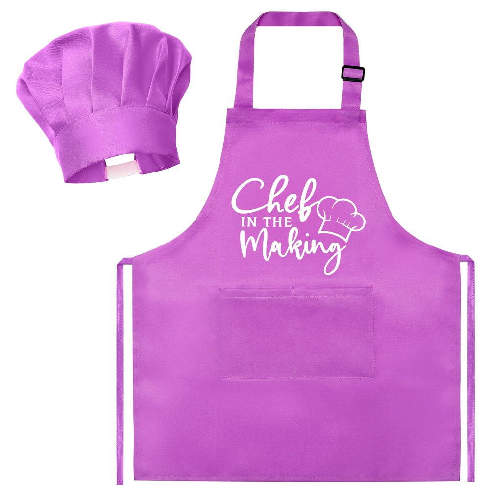 R HORSE Kid Apron and Chef Hat Set - 2Pcs Purple Adjustable Children Kitchen Toddler Apron with Pockets for Kids, Funny Dress up Pretend Play Toy Birthday Gift for Cooking Baking Painting