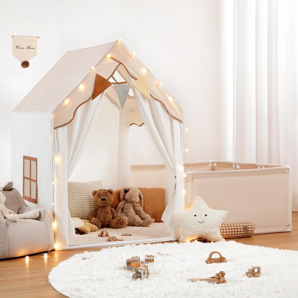 besrey Kids Play Tent with Enclosure, Toddler Tent 2 in 1 with Padded Mat and Lights, Large Playhouse for Kids, Indoor & Outdoor, Christmas Toddler Playhouse, 69" x39" x 53"
