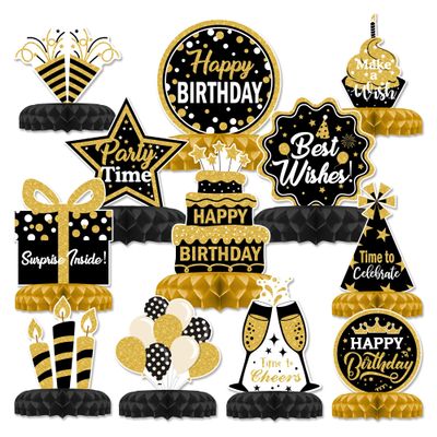 12 Pcs Birthday Table Decorations Glitter Black and Gold Birthday Decorations Honeycomb Centerpieces for Table Decor Girls Boys Women Men Party Supplies