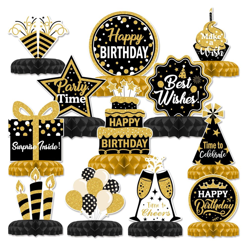 12 Pcs Birthday Table Decorations Glitter Black and Gold Birthday Decorations Honeycomb Centerpieces for Table Decor Girls Boys Women Men Party Supplies