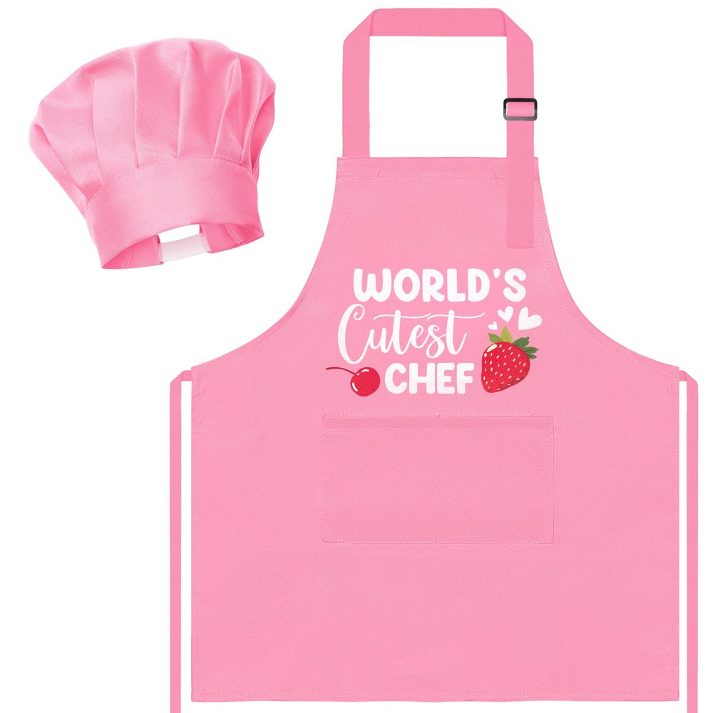 R HORSE Kid Apron and Chef Hat Set 2Pcs Adjustable Pink Children Kitchen Apron, Waterproof Dress up Role Play Chef Toy Funny Cooking Baking Painting and Training Kits for Kids Birthday Party Gift