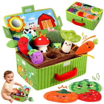 FREYBLI Baby Toys 6-12 Months - Soft Vegetable Garden Plant Plush Toy - 6 Month Old Boy Girl Developmental Toys Gifts, Montessori Sensory Toy with Rattles, Mirror, Squeaker, Textures, Crinkle Tissues