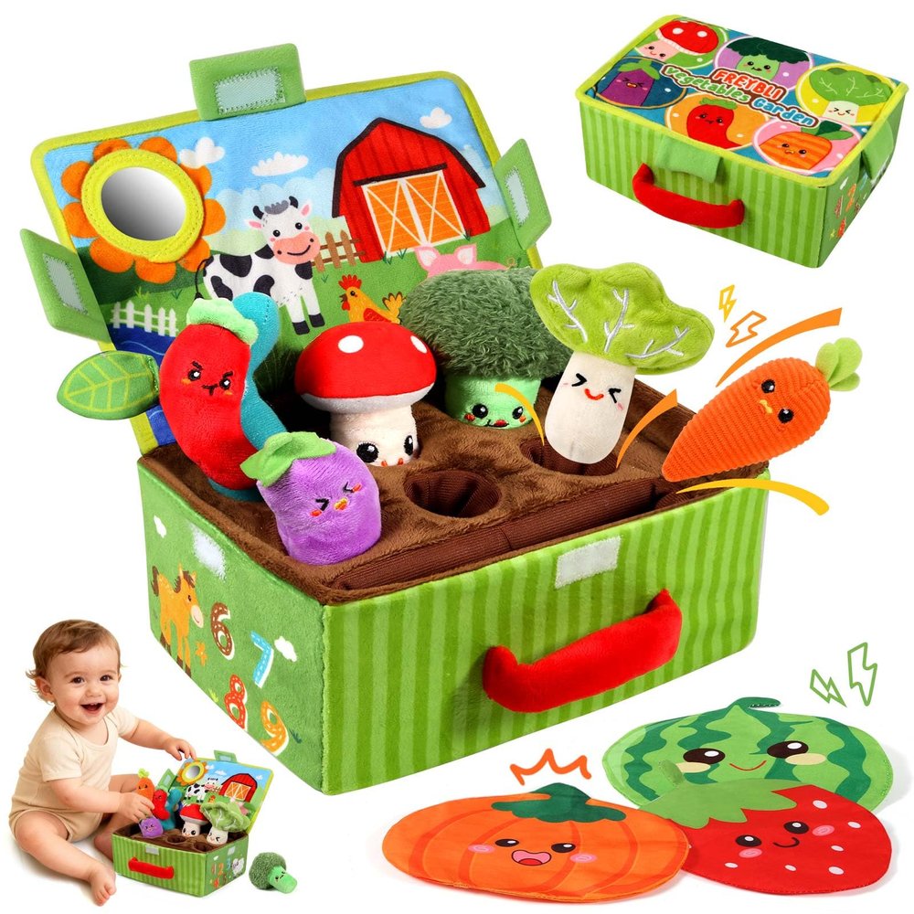 FREYBLI Baby Toys 6-12 Months - Soft Vegetable Garden Plant Plush Toy - 6 Month Old Boy Girl Developmental Toys Gifts, Montessori Sensory Toy with Rattles, Mirror, Squeaker, Textures, Crinkle Tissues