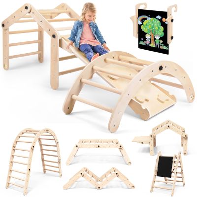 Deformable Pikler Triangle Set with Sliding Ramp & Climbing Arch Ramp, Wooden Toddler Climbing Toys Indoor, Playground Jungle Gym for Kids, Montessori Climbing Set for Toddlers