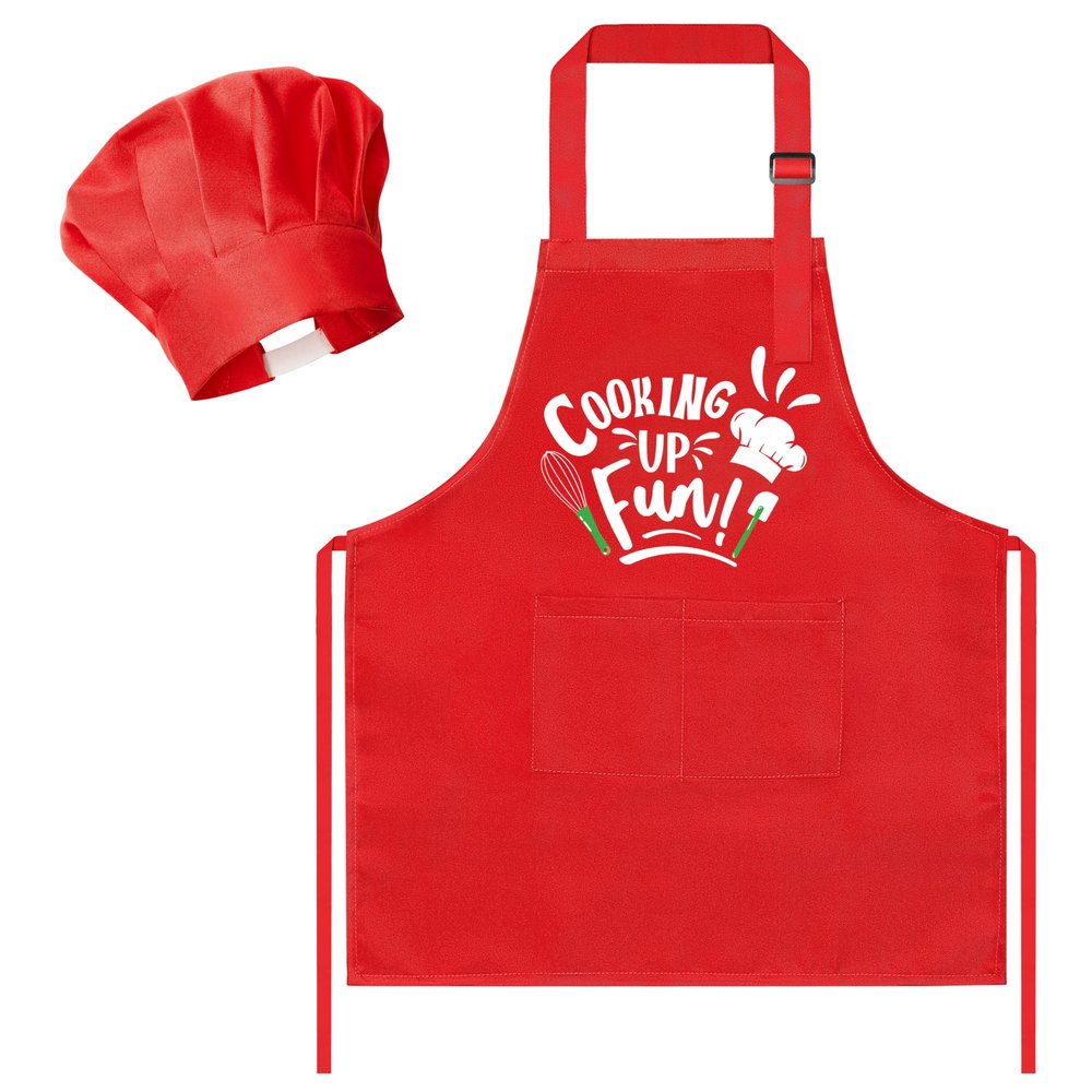 R HORSE Kid Apron and Chef Hat Set 2Pcs Adjustable Red Cooking Children Kitchen Apron, Waterproof Dress up Role Play Chef Toy Funny Cooking Baking Painting and Training Kit for Kid Birthday Party Gift