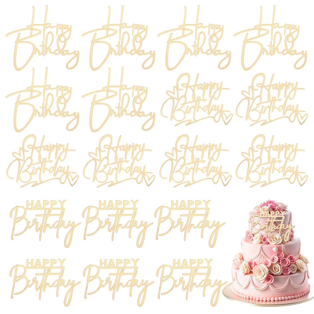 18 Pcs Happy Birthday Cake Topper Gold Mirror Acrylic Cupcake Topper Happy Birthday Sign Gold Inserts Cakes Decorating Supplies Glitter Side Golden Cakes Toppers for Birthdays Party Cake Dessert
