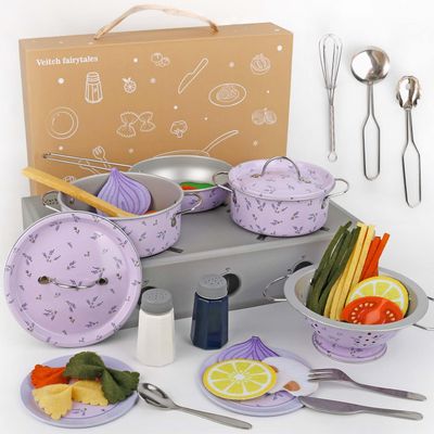 Veitch fairytales Kids Play Kitchen Toy Accessories Set Toddler Cooking Playset Vintage Colorful Flower Pots and Pans Play Foods Toy Gifts for 3 4 5 6 Year Old Girls Boys (Purple)