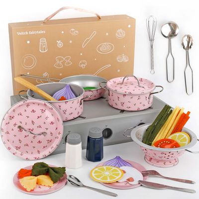 Veitch fairytales Kids Play Kitchen Toy Accessories Set Toddler Cooking Playset Vintage Colorful Flower Pots and Pans Play Foods Toy Gifts for 3 4 5 6 Year Old Girls Boys (Pink)