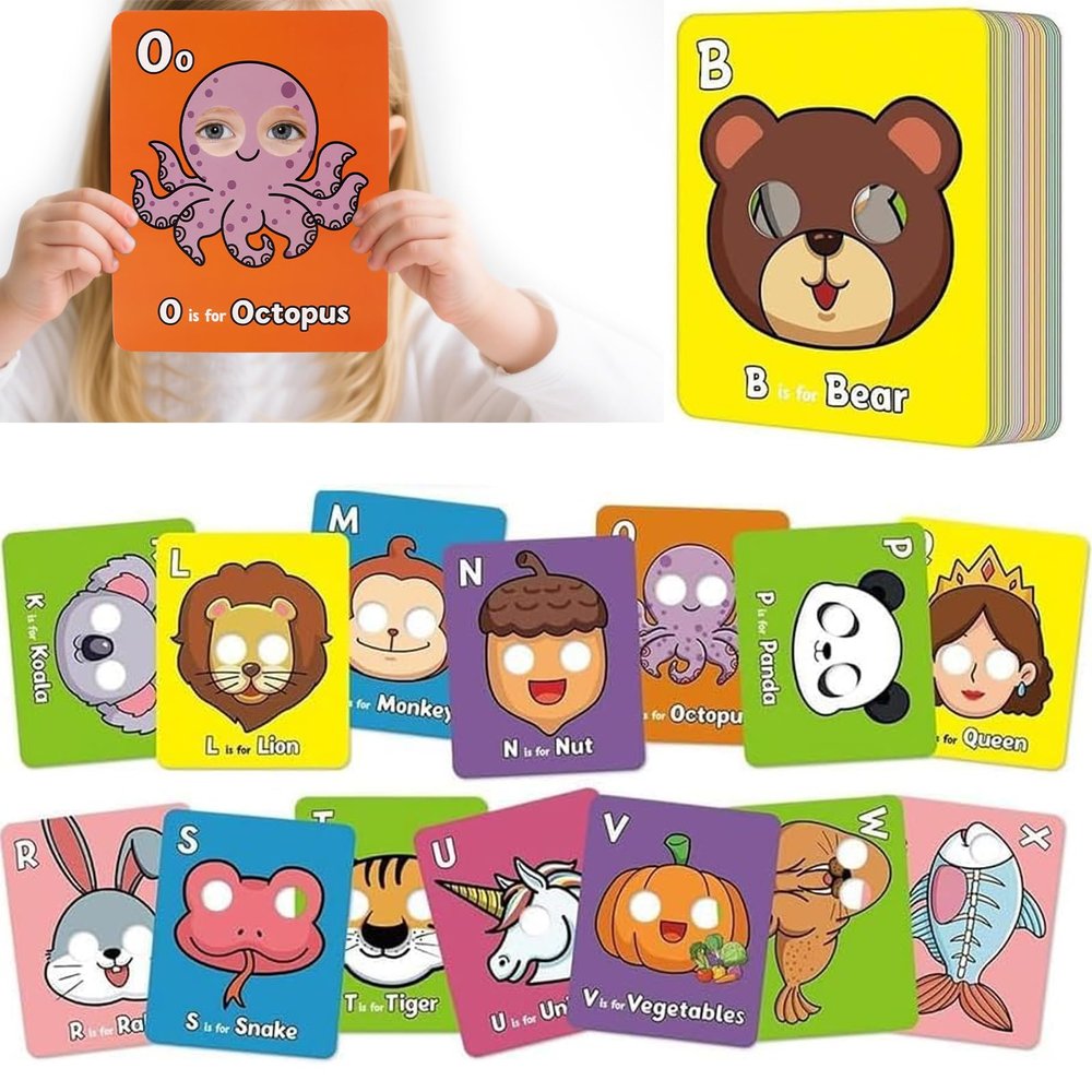 26 PCS Alphabet ABC Flash Cards with Animal Masks, Colorful Alphabet Mask Cards, Giant Letter ABC Animal Faces Flash Learning Flashcards, Interactive Education Games, Learn Letters