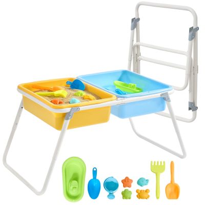 FUNLIO Foldable Sand and Water Table for 3-6 Years, Height Adjustable Toddler Sensory Table with dust Cover, 2 Storage Bins & Beach Accessories, Easy to Carry & Storage, CPC Certified