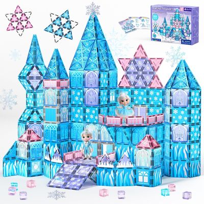 Princess Castle Magnetic Tiles Building Toys Set for Kids Ages 3-5 4-8, STEM Magnetic Blocks with 2 Dolls, Educational Sensory Magnetic Toys Gifts for Toddler Boys Girls Learning Classroom