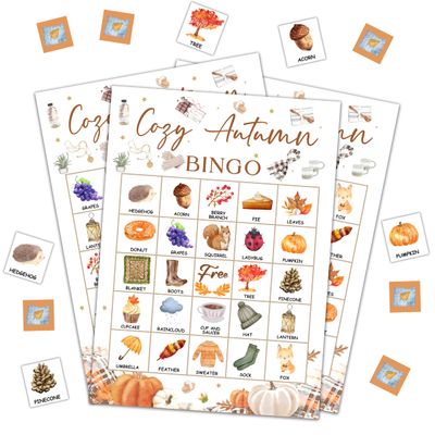 DRWJPAT Fall Bingo Game, Cozy Autumn Party Games for Adults, Fall Harvest Bingo Game Cards for Large Group Family Friends Activities, Thanksgiving Holiday Party Decor Supplies, 01