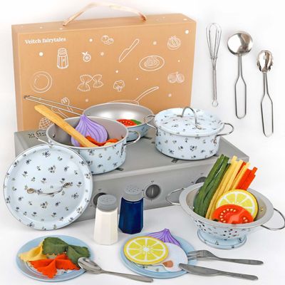Veitch fairytales Kids Play Kitchen Toy Accessories Set Toddler Cooking Playset Vintage Colorful Flower Pots and Pans Play Foods Toy Gifts for 3 4 5 6 Year Old Girls Boys (Blue)