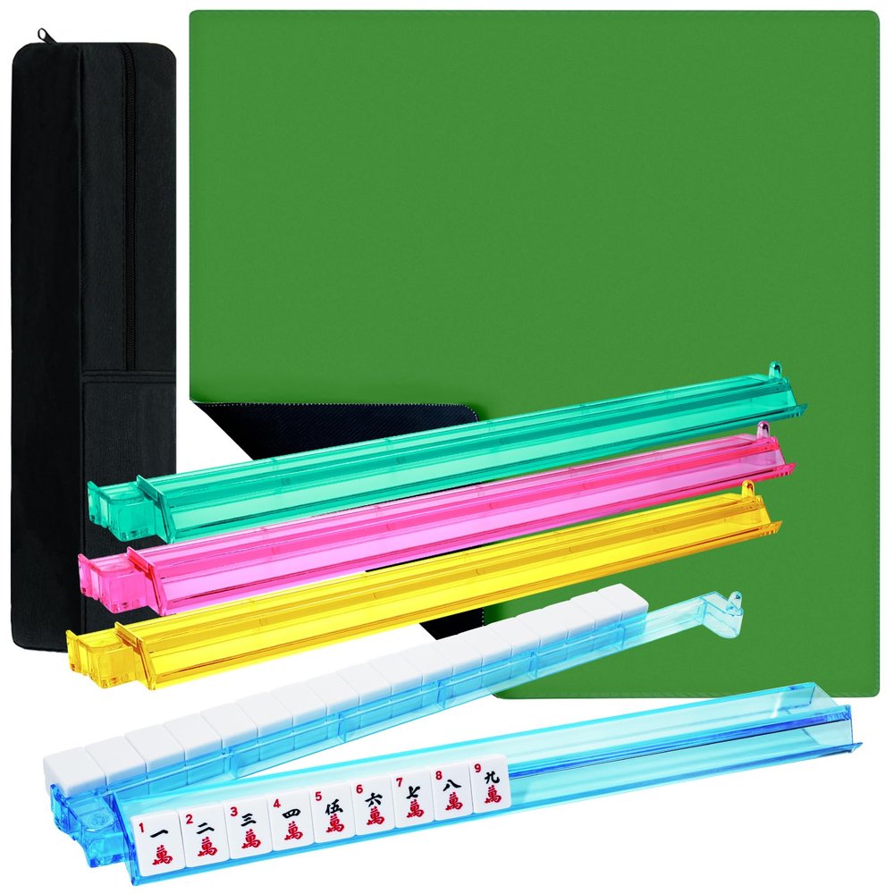AzulHome 4Pcs Mah Jongg All-in-One Tile Rack & Pusher, Mahjong Table Mat with Black Carrying Bag for
