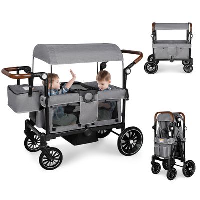TODECARE Stroller Wagon for 2 Kids, Foldable Kids Wagon w/Adjustable Push Pull Handle, Shock-Absorbing Wheels, Removable Canopy, Extra Diaper Bag & Harness, Detachable Tray, Grey