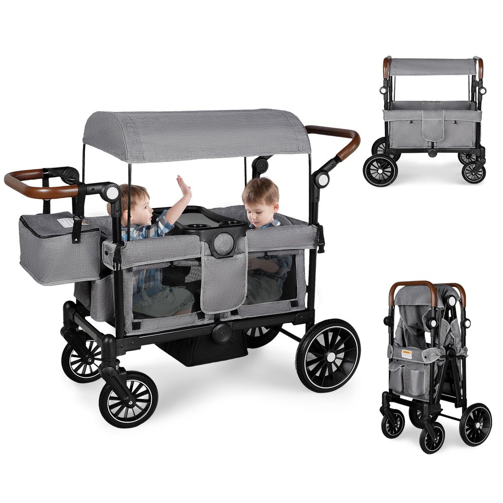 TODECARE Stroller Wagon for 2 Kids, Foldable Kids Wagon w/Adjustable Push Pull Handle, Shock-Absorbing Wheels, Removable Canopy, Extra Diaper Bag & Harness, Detachable Tray, Grey
