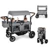 TODECARE Stroller Wagon for 2 Kids, Foldable Kids Wagon w/Adjustable Push Pull Handle, Shock-Absorbing Wheels, Removable Canopy, Extra Diaper Bag & Harness, Detachable Tray, Grey view 1