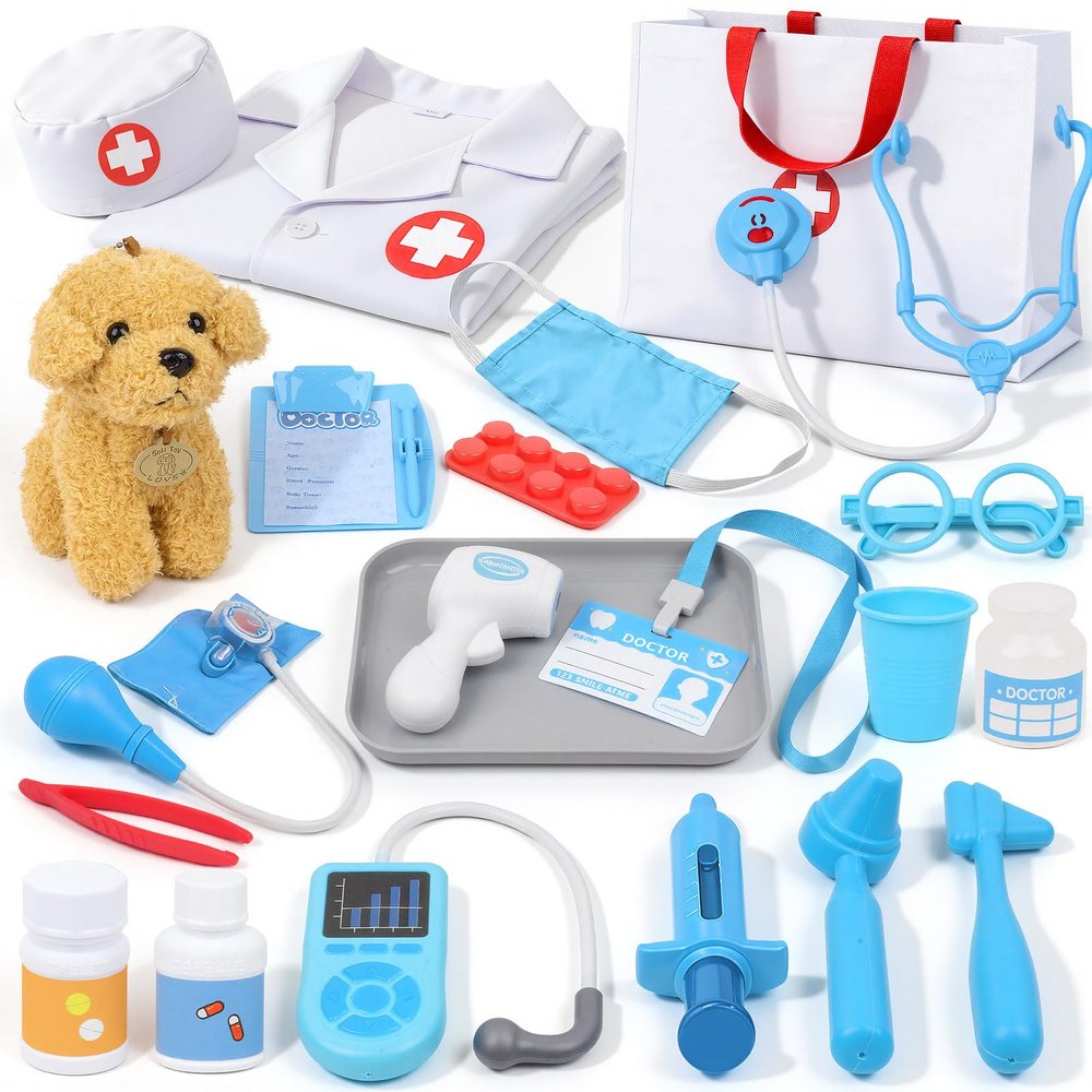 Doctor Kit for Toddlers 3-5 - Play Veterinarian Set Toys for 3 4 Year Old Boys Girls, Pretend Play Medical Kit with Dog, Bag, Costume, Stethoscope, Birthday Christmas Stocking Stuffers Gifts for Kids