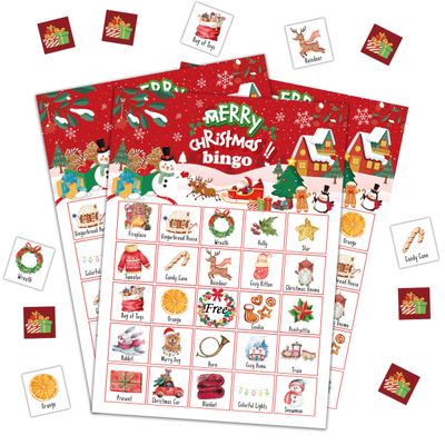 DRWJPAT Christmas Bingo Game, Merry Christmas Party Games for Adults, Xmas Bingo Game Cards for Large Group Family Friends Activities, Winter Holiday Party Decor Supplies, 07