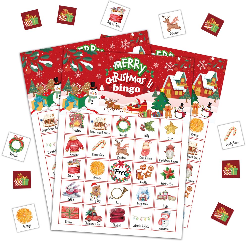 DRWJPAT Christmas Bingo Game, Merry Christmas Party Games for Adults, Xmas Bingo Game Cards for Large Group Family Friends Activities, Winter Holiday Party Decor Supplies, 07