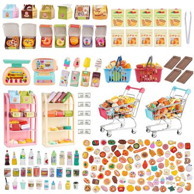 196Pcs Dollhouse Miniature Store Grocery Accessories Mini Shopping Cart Basket 4 Three-Layer Shelves Supermarket Metal Handcart Resin Food Drink Bottle Cash Register Packaging Box