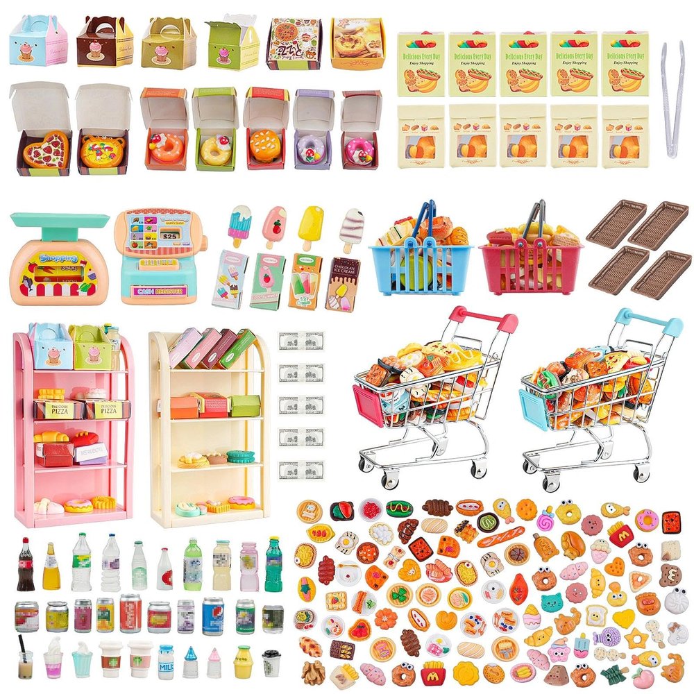 196Pcs Dollhouse Miniature Store Grocery Accessories Mini Shopping Cart Basket 4 Three-Layer Shelves Supermarket Metal Handcart Resin Food Drink Bottle Cash Register Packaging Box