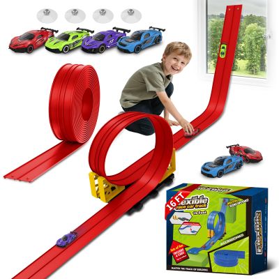 Flex Race Track 16 Ft with Suction Cups Compatible with Diecast 1/64th Cars, Flexible Car Track Toys for Ages 3+ Kids Toddlers Roll Out Portable Racetrack (Red)
