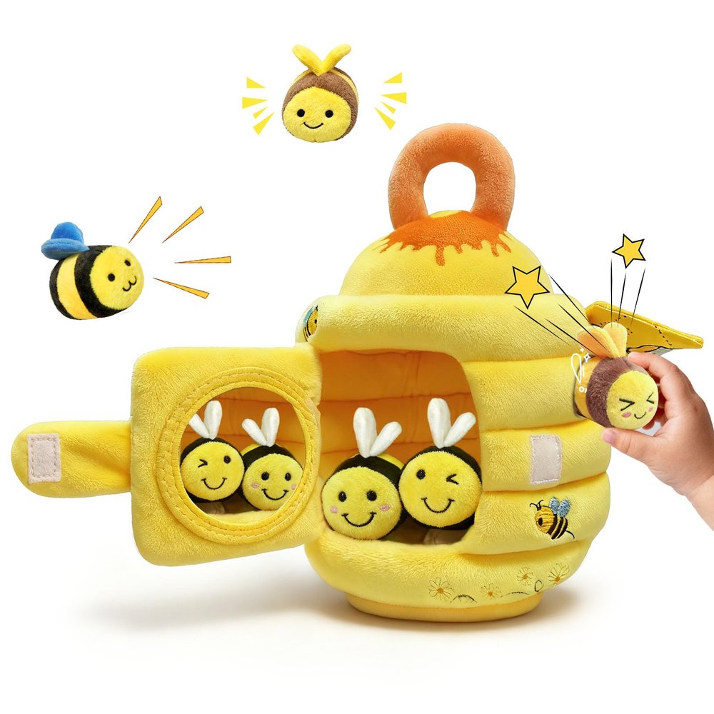wahaczon Baby Toys - Soft Beehive with 5 Sensory Bees Crinkle, Rattle, Squeaker, Mirror Portable Sensory Toys Montessori Bee Toy for Toddlers, Boy Girl Birthday Christmas Gift