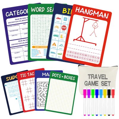 Chiisong 17 Pcs Portable Travel Game Set for Kids 8 Reusable Dry Erase Game Card with 8 Colorful Erasable Pen and Bag Educational Toy for Car Road Trip Airplane for Age 6-12, 9"x6"(Advanced Style)