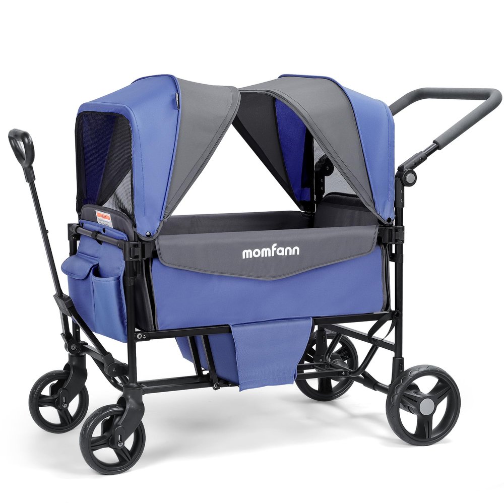 Stroller Wagon for 2 Kids with Canopy, Foldable All-Terrain Wagon Stroller with Adjustable Push/Pull Handle, Parent Organizer, 5-Point Harness, Ideal for Travel & Outdoor Adventures, Lavender Blue