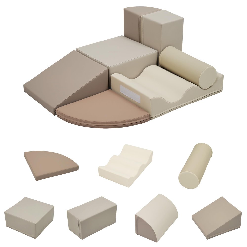 Marzzi Climbing Toys for Toddlers 1-3, 7-Piece Climb and Crawl Soft Playset, Indoor Baby Soft Foam Blocks for Climbing, Crawling (Cappuccino)