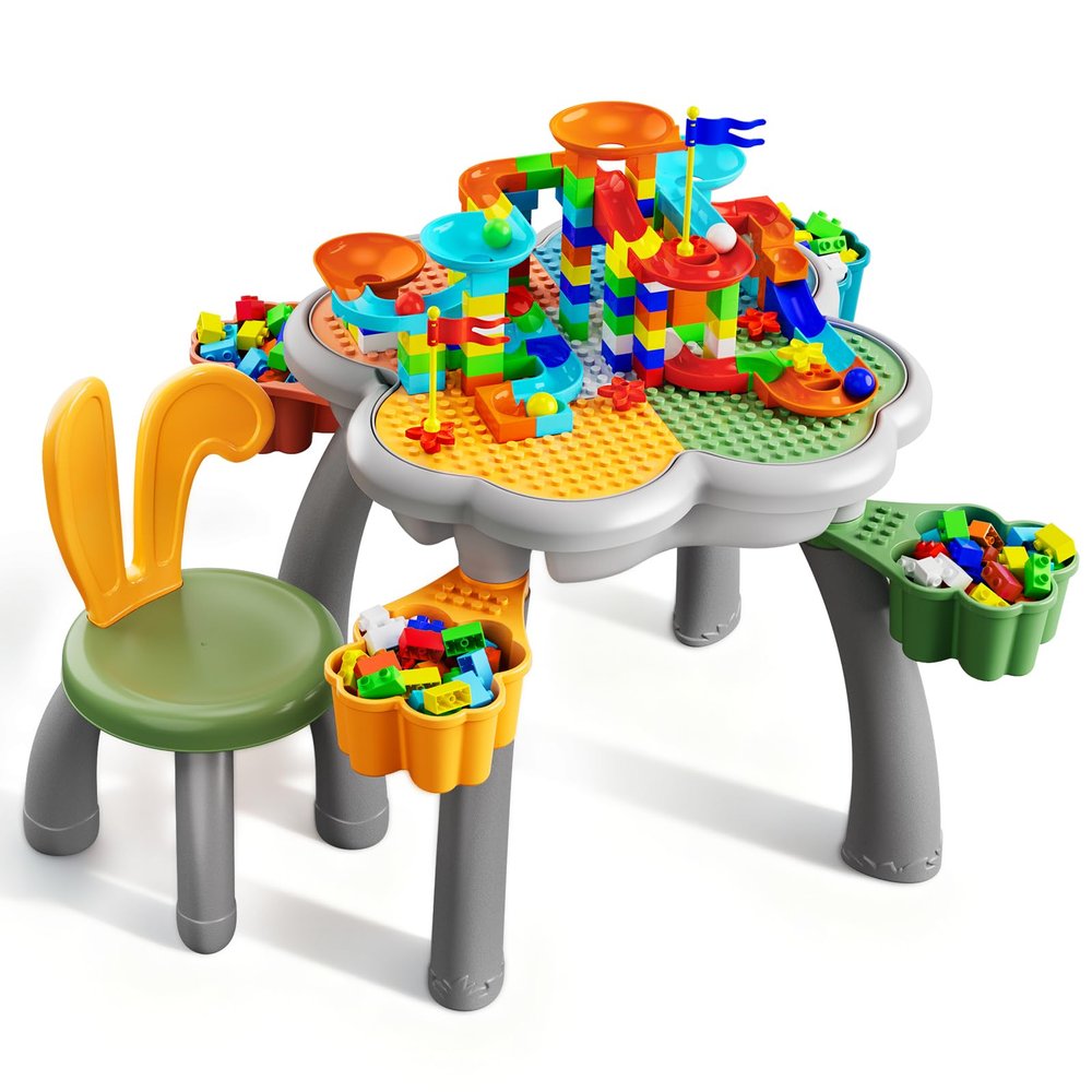 OCATO Kids Toddler Table and Chair Set: Sensory Activity Tables with Rabbit Chairs and Large Marble Run Building Blocks Storage All in One Play Sand Water Table 3 4 5 6 Year Old Boy Girl Toys Gifts