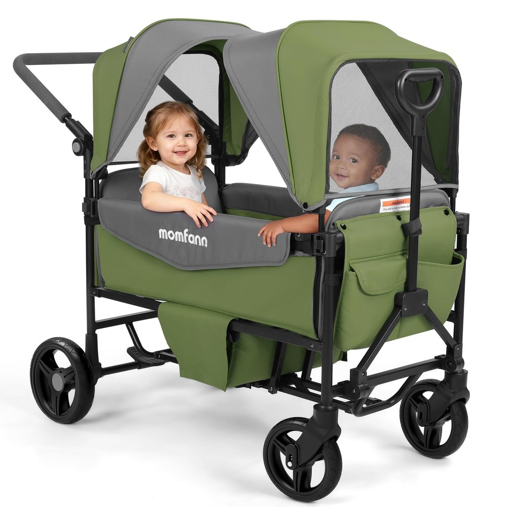 MOMFANN Stroller Wagon for 2 Kids,Foldable Wagon Stroller with Canopy,All-Terrain Parent Organizer, Adjustable Handle & Pull Bar for Infants and Toddlers, Meadow Green