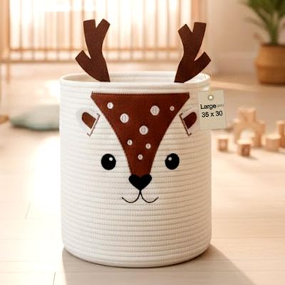 Kids Laundry Hamper & Toy Storage Organizer | Woven Cotton Rope Bin for Clothes & Stuffed Plushies | Cute Animal Design basket with Cutout Handles for Nursery, Playroom & Kids Bedroom (Deer)