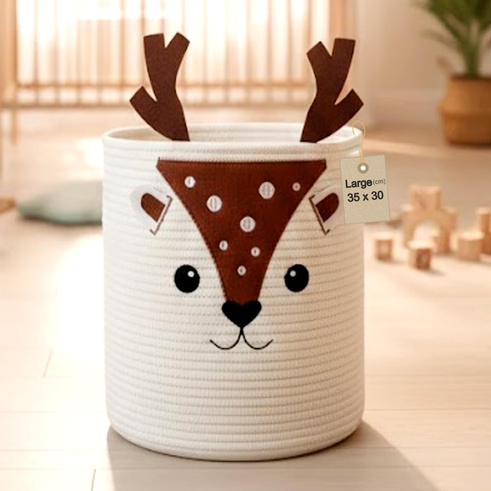 Kids Laundry Hamper & Toy Storage Organizer | Woven Cotton Rope Bin for Clothes & Stuffed Plushies | Cute Animal Design basket with Cutout Handles for Nursery, Playroom & Kids Bedroom (Deer)