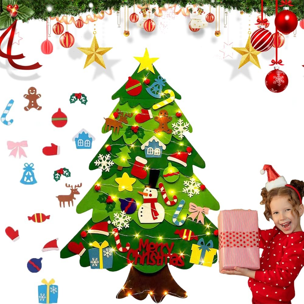 2025 New Felt Christmas Tree for Toddlers,3D Montessori Christmas Tree Felt with Lights,Interactive DIY Holiday Decoration,Door Wall Hanging Xmas Gifts (Flat)